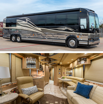 The exterior and interior of a luxury coach from Marathon Coach